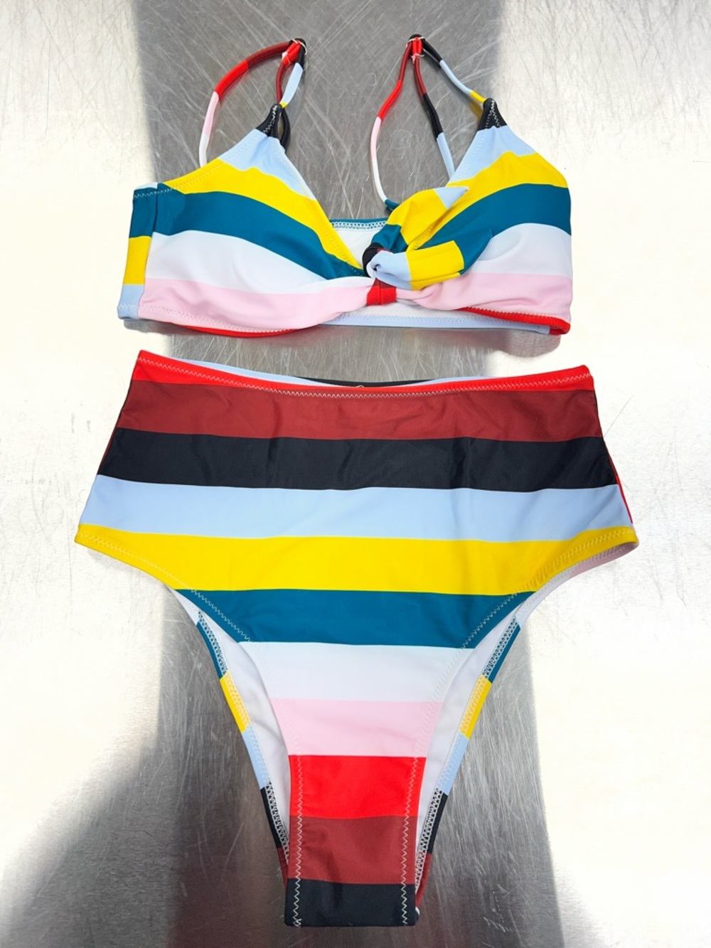 Striped High Waist Bikini Set - Multicolor